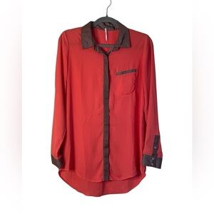 Free People Coral Silky Button Up Long Sleeve Shirt Brown Trim Oversized Small